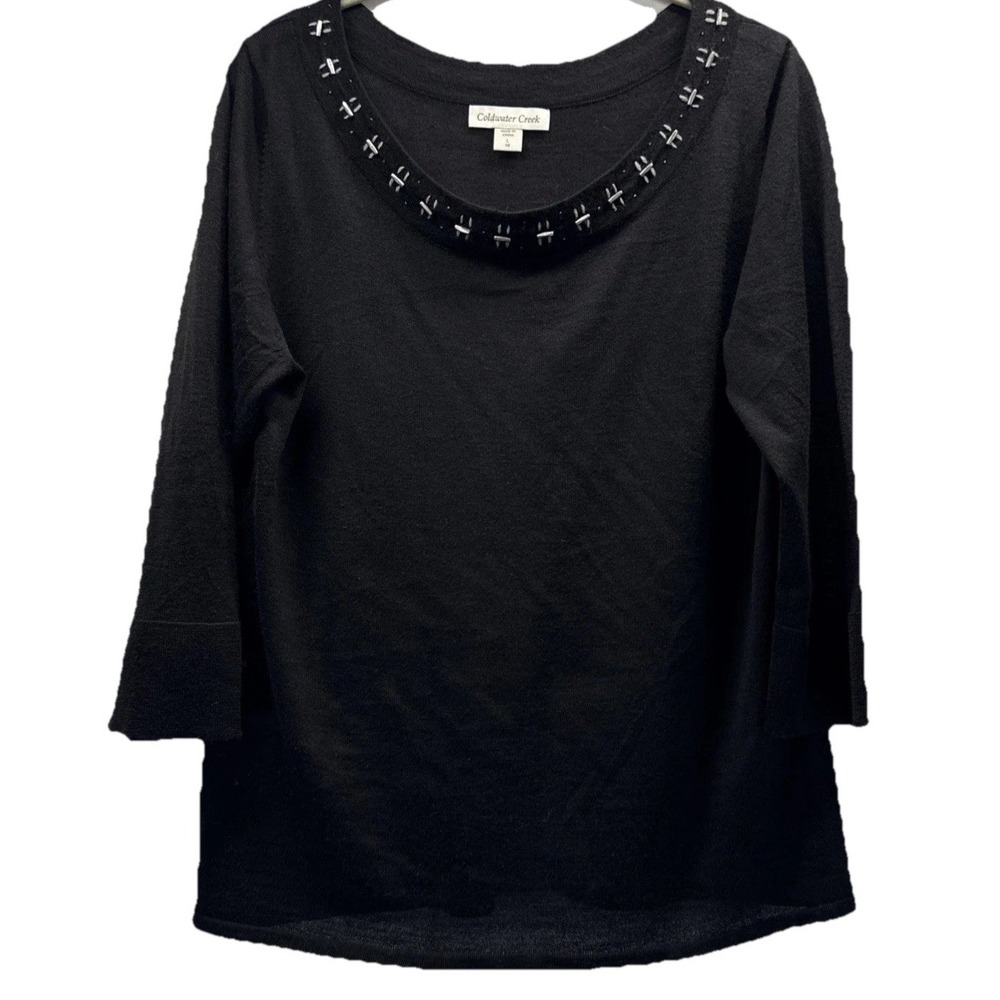 Coldwater Creek‎ Women's Sweater Top Size 14 Large Solid Black Beaded Wool Blend